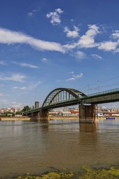 Panorama view on bridge over the river, who connecting two parts of the town