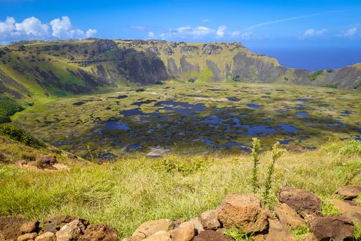 Rano Kau volcano crater in Easter Island, Chile