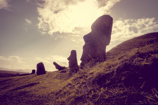 Moais statues on Rano Raraku volcano, easter island, Chile