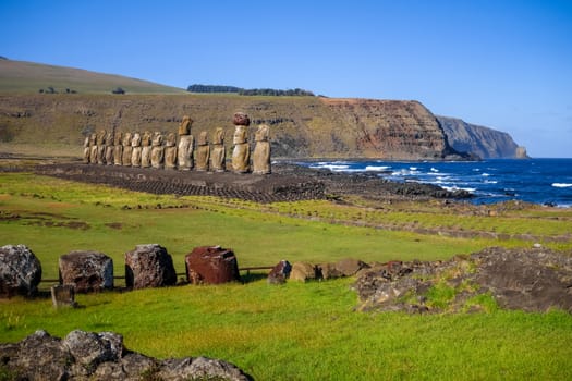 Moais statues, ahu Tongariki, easter island, Chile