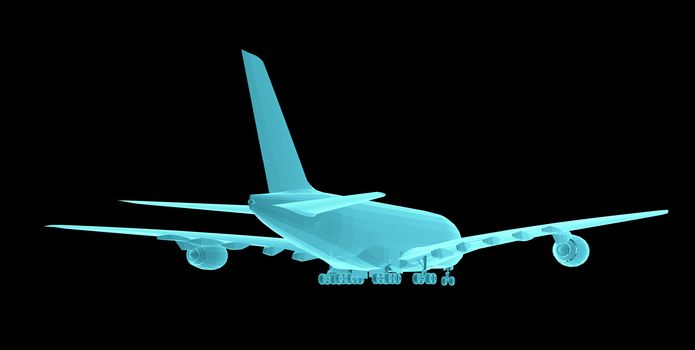 Airplane. Xray image isolated on black. 3d illustration