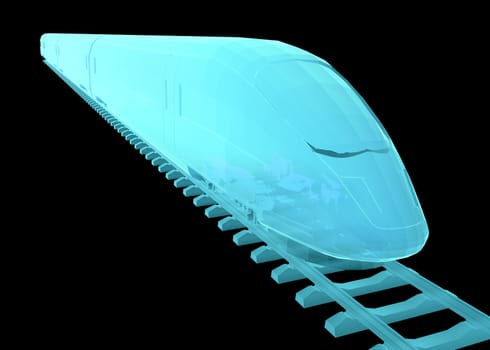 Glow blue high-speed train on black background. 3d illustration