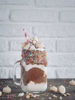 Close up view of freakshake in mason jar on brown table. Freaked milkshake with chocolate, biscuit cookies and sugar sprinkling. Copy space. Trendy food concept. Vertical.