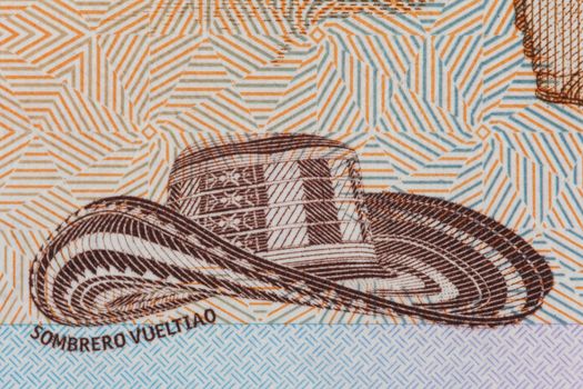 Traditional hat from Colombia "Sombrero vueltiao" on the twenty thousand Colombian pesos bill