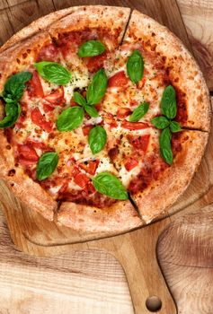 Freshly Baked Margarita Pizza with Tomatoes, Cheese and Basil Leafs on Cutting Board closeup on Wooden background. Top View