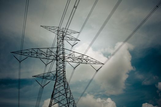 High-voltage power lines in rice fields