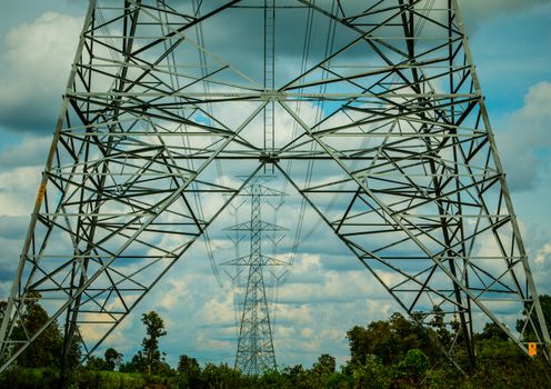 High-voltage power lines in rice fields