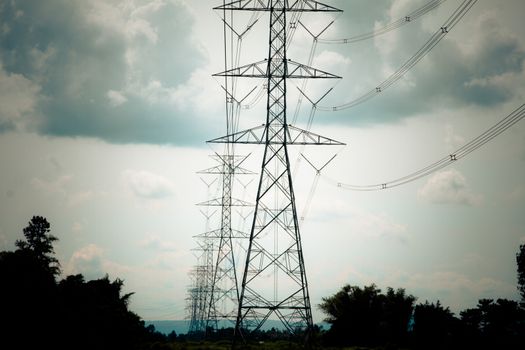 High-voltage power lines in rice fields