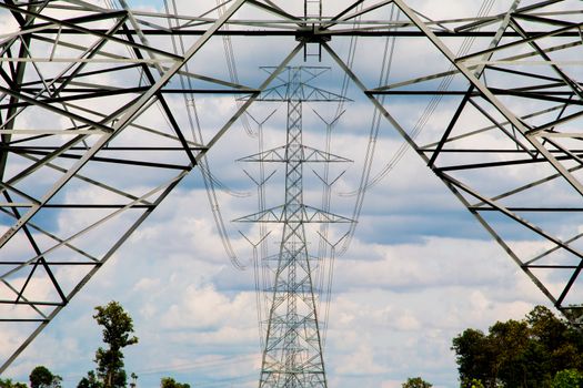 High-voltage power lines in rice fields