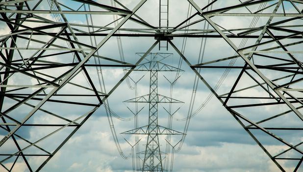 High-voltage power lines in rice fields