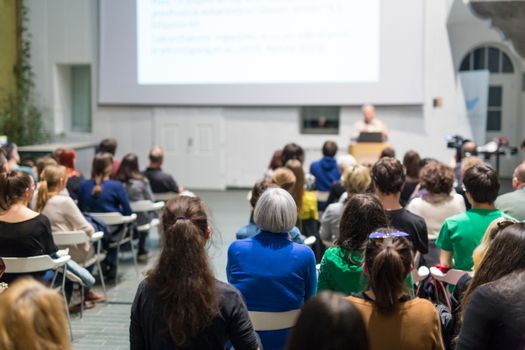 Male speaker giving presentation in lecture hall at university workshop. Audience in conference hall. Rear view of unrecognized participant in audience. Scientific conference event.