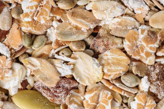 Dry muesli macro closeup shot from above, good as background