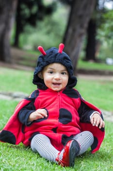 Little baby girl wearing a ladybug costume