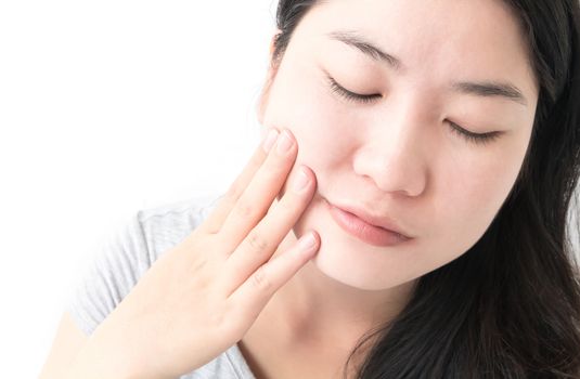 Closeup woman toothache with white background, health care and medical concept