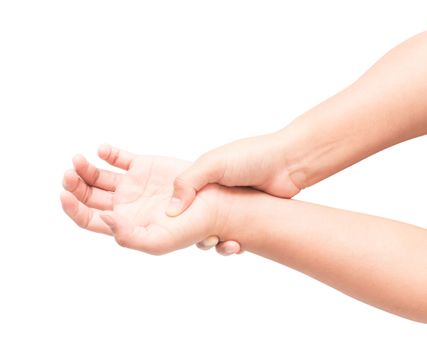 Woman hand holding her wrist on white background, health care and medical concept