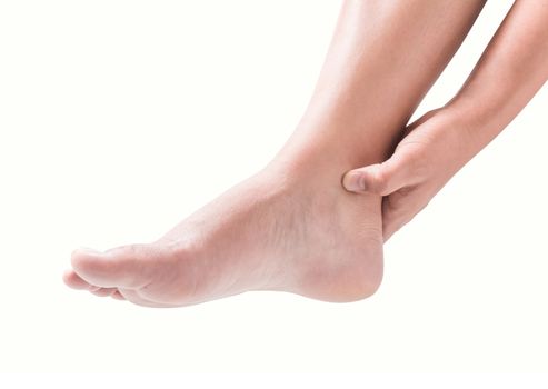 Woman foot heel pain on white background, health care and medical concept