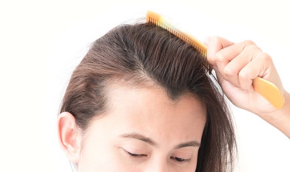 Woman serious hair loss problem for health care shampoo and beauty product concept