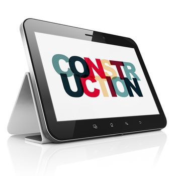 Construction concept: Tablet Computer with Painted multicolor text Construction on display, 3D rendering