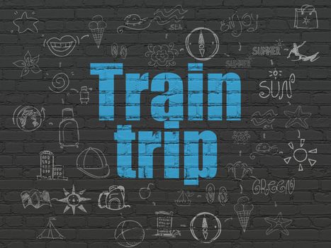 Travel concept: Painted blue text Train Trip on Black Brick wall background with Scheme Of Hand Drawn Vacation Icons