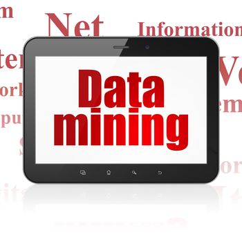 Data concept: Tablet Computer with  red text Data Mining on display,  Tag Cloud background, 3D rendering