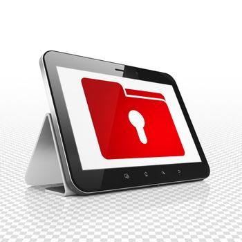 Business concept: Tablet Computer with  red Folder With Keyhole icon on display,  Binary Code background, 3D rendering