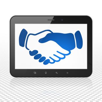 Business concept: Tablet Computer with  blue Handshake icon on display,  Tag Cloud background, 3D rendering