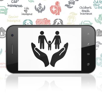 Insurance concept: Smartphone with  black Family And Palm icon on display,  Hand Drawn Insurance Icons background, 3D rendering