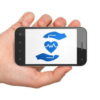 Insurance concept: Hand Holding Smartphone with  blue Heart And Palm icon on display,  Tag Cloud background, 3D rendering