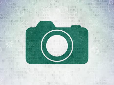 Tourism concept: Painted green Photo Camera icon on Digital Data Paper background with  Hand Drawn Vacation Icons