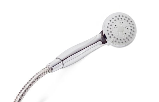 Eco shower head with the turn lever of a spray settings and metal shower hose on a white background
