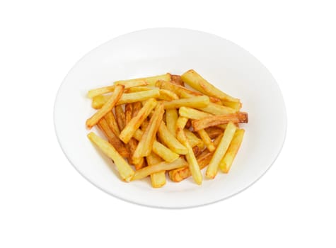 Serving of the French fries on the white dish on a light background
