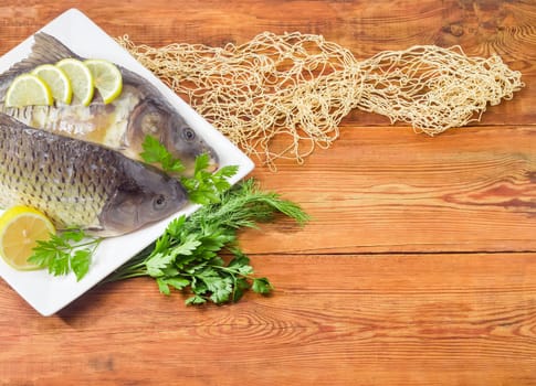 Fragment of the white square dish with two different carps with peeled scales and lemon, bunch of dill and parsley, part of the fishing net on the old wooden planks
