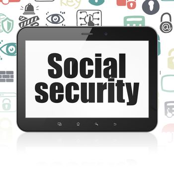 Privacy concept: Tablet Computer with  black text Social Security on display,  Hand Drawn Security Icons background, 3D rendering