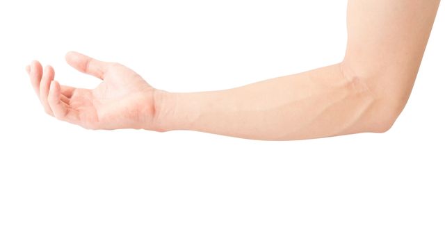 Man arm with blood veins on white background, health care and medical concept