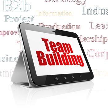 Business concept: Tablet Computer with  red text Team Building on display,  Tag Cloud background, 3D rendering