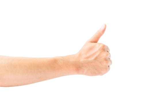 Young man hand thumbs up for good feeling with white background