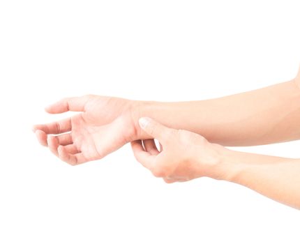 Man with hand pain on white background, health care and medical concept