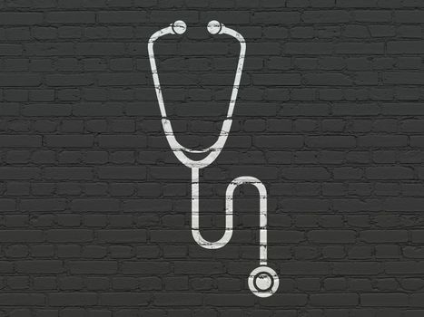 Medicine concept: Painted white Stethoscope icon on Black Brick wall background
