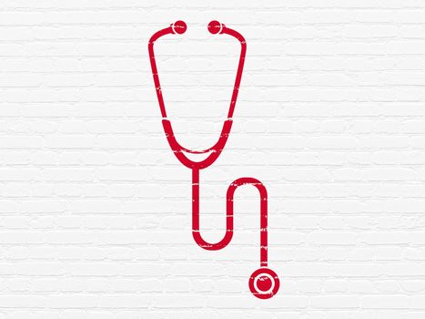 Medicine concept: Painted red Stethoscope icon on White Brick wall background