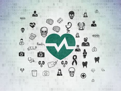 Health concept: Painted green Heart icon on Digital Data Paper background with  Hand Drawn Medicine Icons