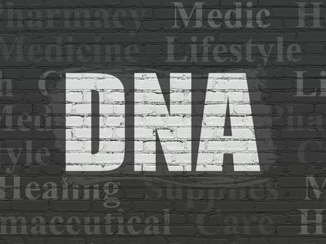 Medicine concept: Painted white text DNA on Black Brick wall background with  Tag Cloud