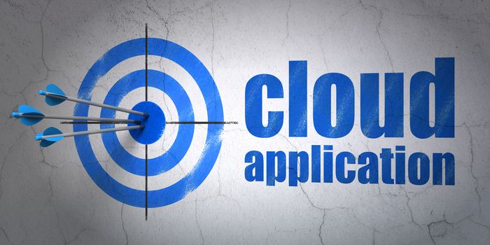 Success cloud technology concept: arrows hitting the center of target, Blue Cloud Application on wall background, 3D rendering