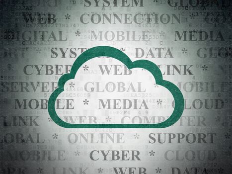 Cloud networking concept: Painted green Cloud icon on Digital Data Paper background with  Tag Cloud