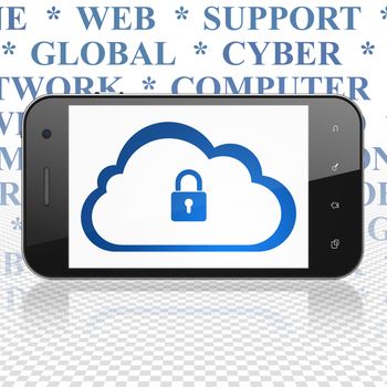 Cloud technology concept: Smartphone with  blue Cloud With Padlock icon on display,  Tag Cloud background, 3D rendering