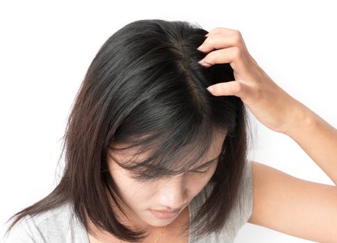 Closeup woman hand itchy scalp, Hair care concept