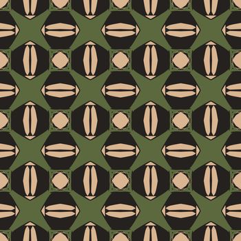 Seamless illustrated pattern made of abstract elements in beige, green and black