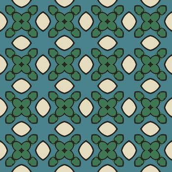 Seamless illustrated pattern made of abstract elements in beige,turquoise, green and black