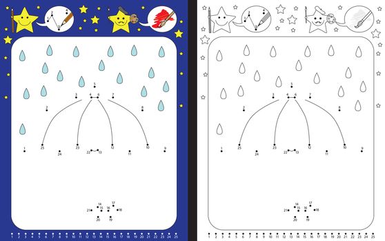 Preschool worksheet for practicing fine motor skills and recognizing numbers - connecting dots by numbers - drawing illustration of umbrella