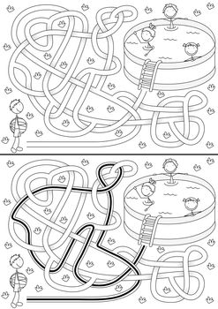 Summer maze for kids with a solution in black and white