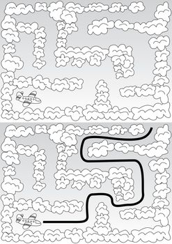 Easy airplane maze for younger kids with a solution in black and white